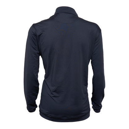 Back view of The Back Nine Zip – men's navy golf quarter zip pullover with streamlined fit and breathable fabric for all-day comfort on the course.
