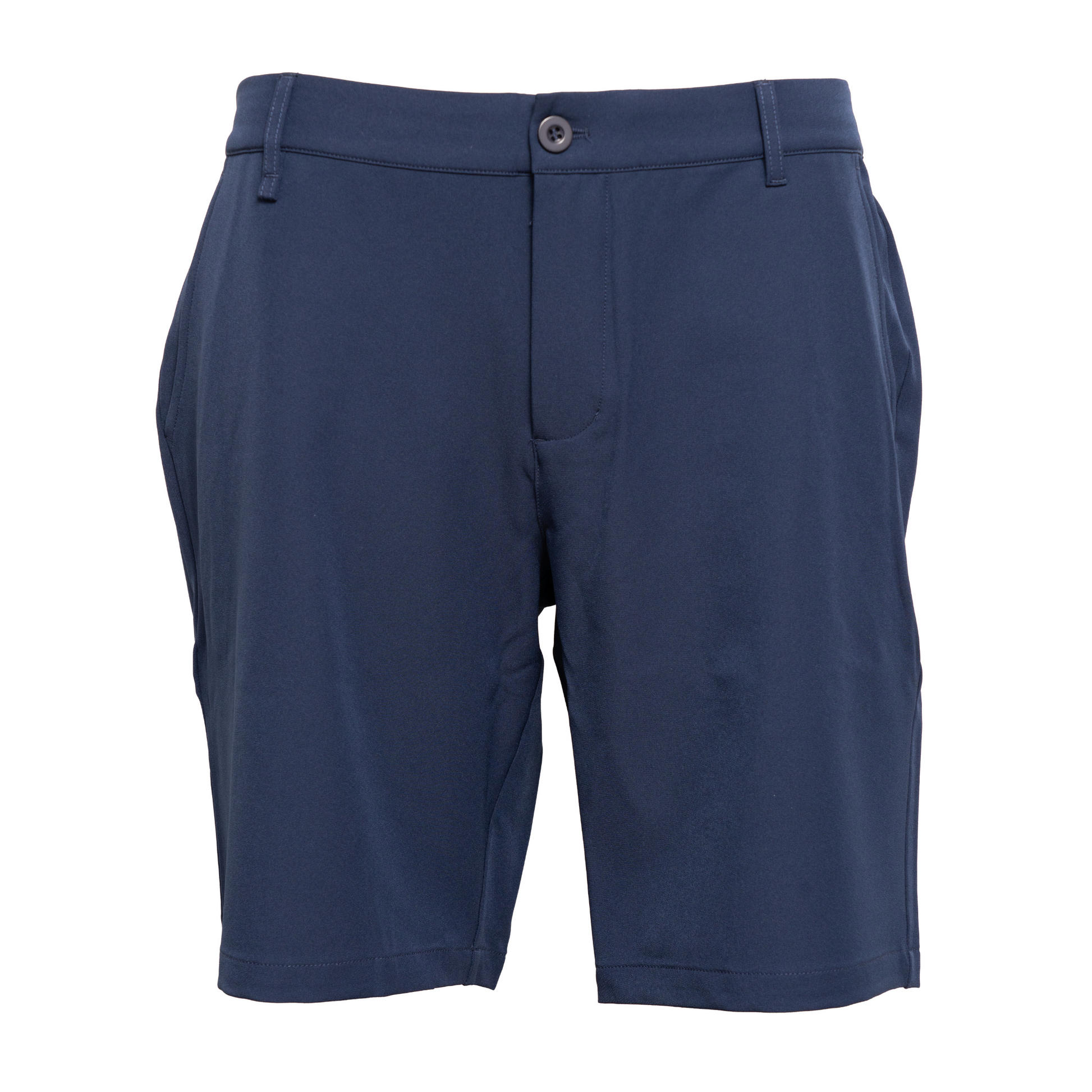 Front view of The Navy Nine men’s golf shorts – lightweight navy design with a comfortable, stylish fit, ideal for golf and active wear.