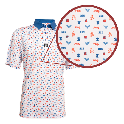 Close-up of The Philly Phrenetic Philadelphia golf polo by Foresome Golf Co. showing texture and stitching detail.