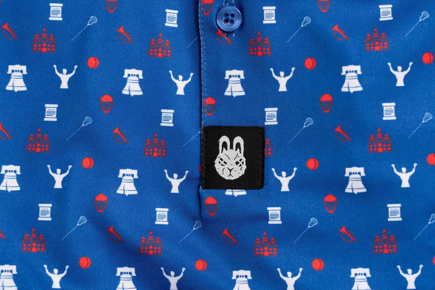 Close-up of The Philly Jawn Philly golf polo by Foresome Golf Co. showing fabric and stitching.