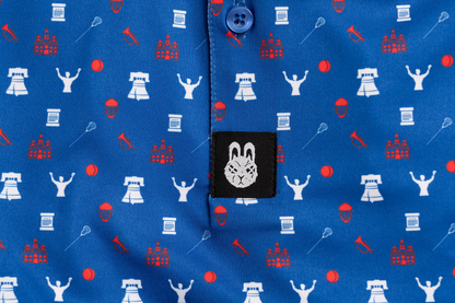 Close-up of The Philly Jawn Philly golf polo by Foresome Golf Co. showing fabric and stitching.