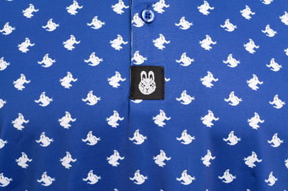 Close-up of Mr. Stay-Puft Golf Polo logo and design detail, showcasing high-quality stitching and the playful Ghostbuster-inspired Stay-Puft Marshmallow Man graphic.