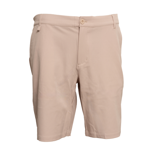 Front view of The Desert Drive men’s golf shorts – tan, lightweight, and designed for comfort and flexibility, perfect for active golfers on the course.